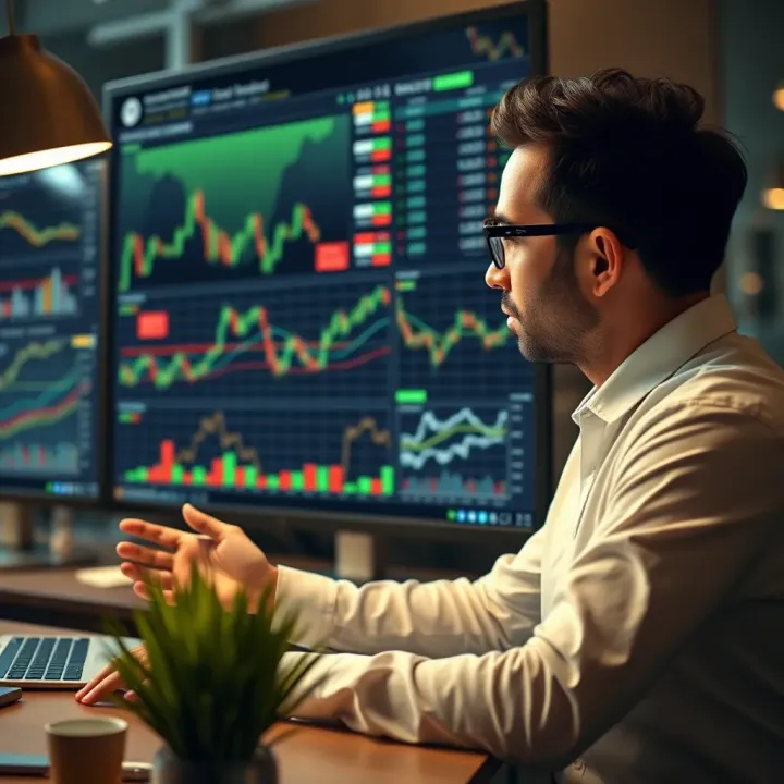 Illustration of a beginner analyzing financial charts and market data for mini index investments