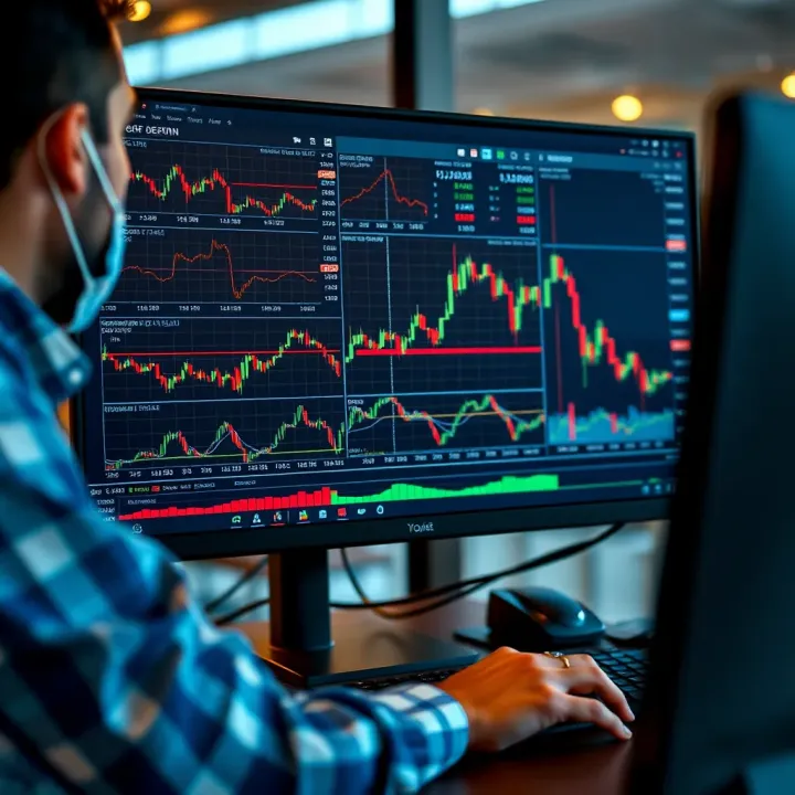 Illustration of a trader analyzing multiple financial charts on a computer screen, highlighting various brokerage platform features