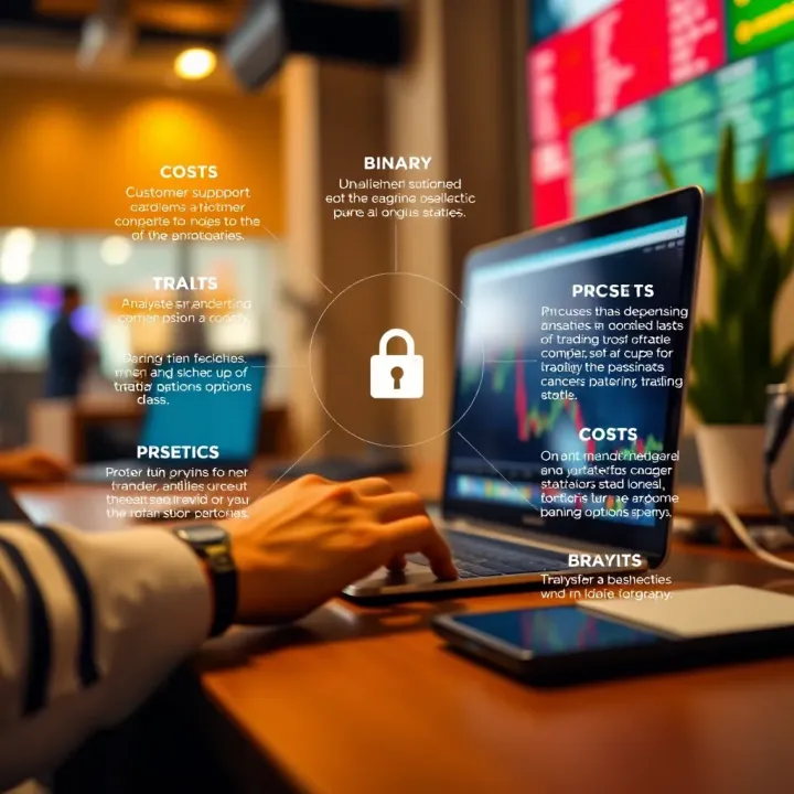 Illustration of key factors such as costs, customer support, and trading strategies for selecting a binary options broker