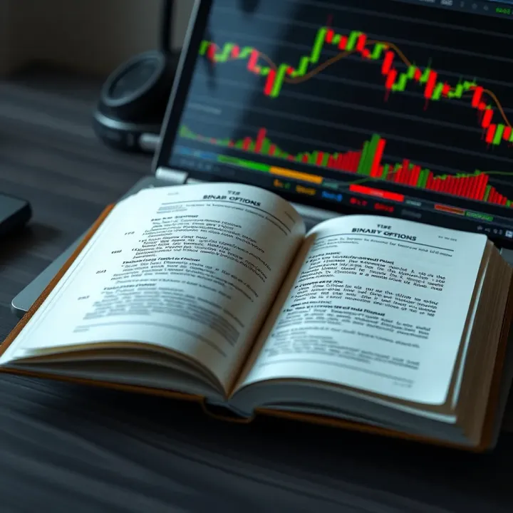 Open book with binary options trading concepts displayed alongside a laptop