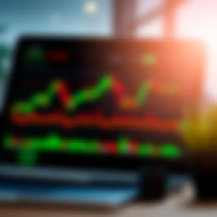 Digital interface showing binary options trading with green and red arrows indicating market trends