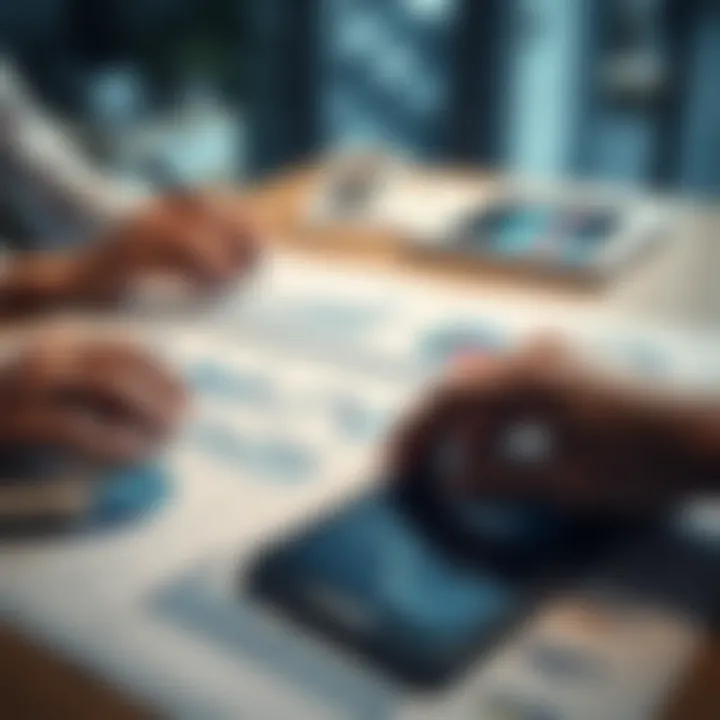 Business strategy meeting with charts and graphs on table