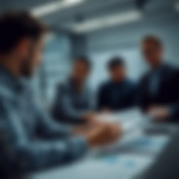 Strategic Discussion on Financial Risk Mitigation and Optimization Business team discussing risk management strategy with graphs and documents