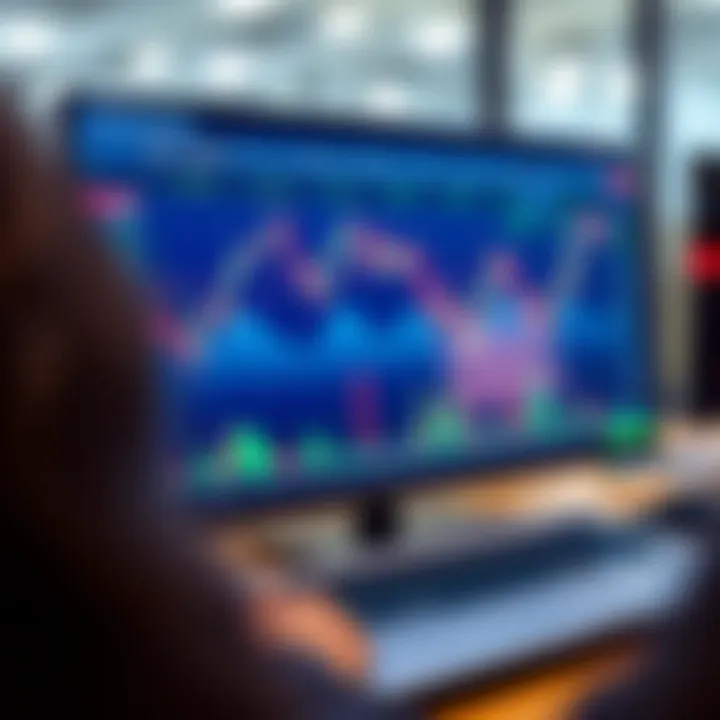 Illustration of a digital stock trading platform interface showing virtual trading charts and simulated portfolio performance