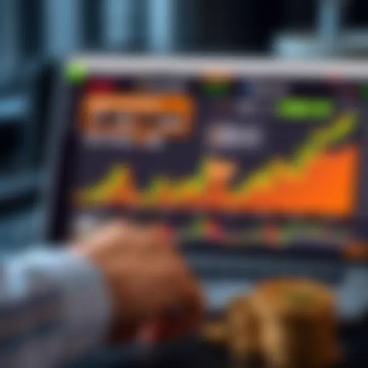 Graphical representation of investment simulation with virtual currency and market trends