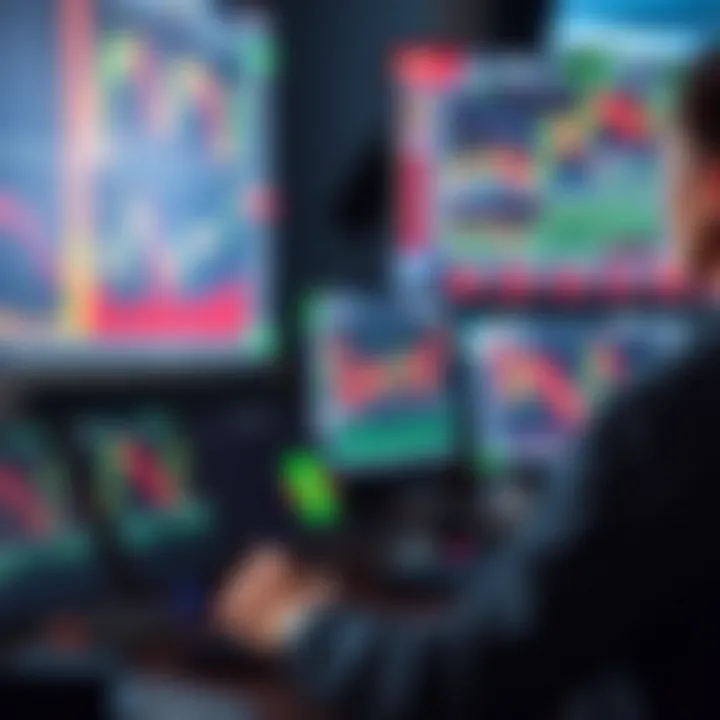 Trader analyzing multiple screens displaying market data and financial charts