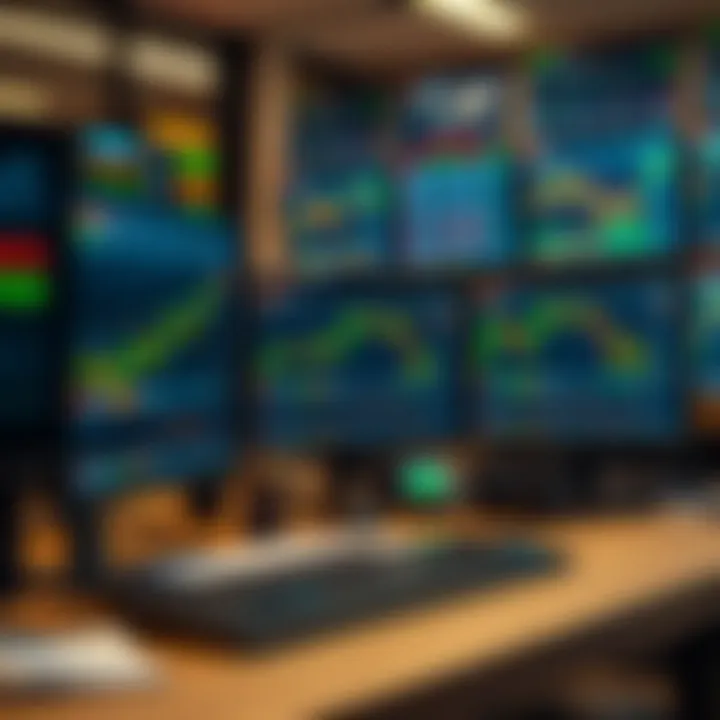 Trading workstation setup with multiple monitors displaying financial charts and data