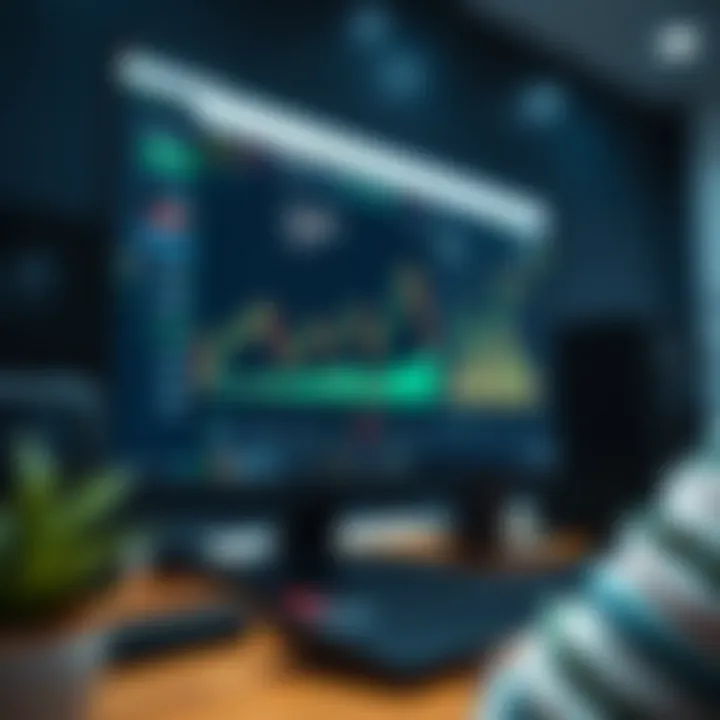 Illustration of a computer screen displaying a financial trading platform with simulated stock charts and data