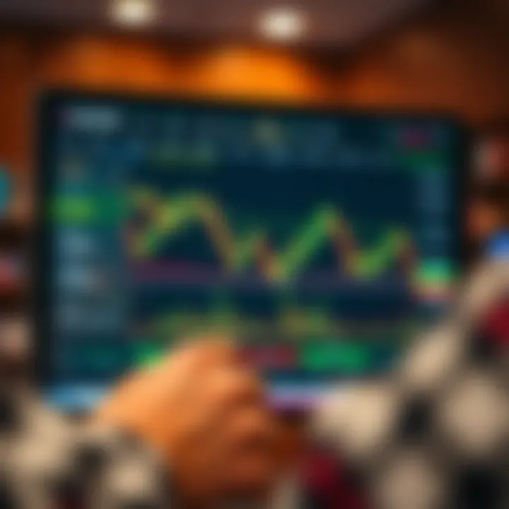 Trading platform interface showing simulated market charts and portfolio performance