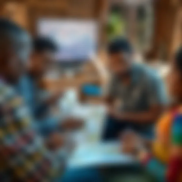 Community members collaborating on disaster risk reduction strategies using maps and digital tools