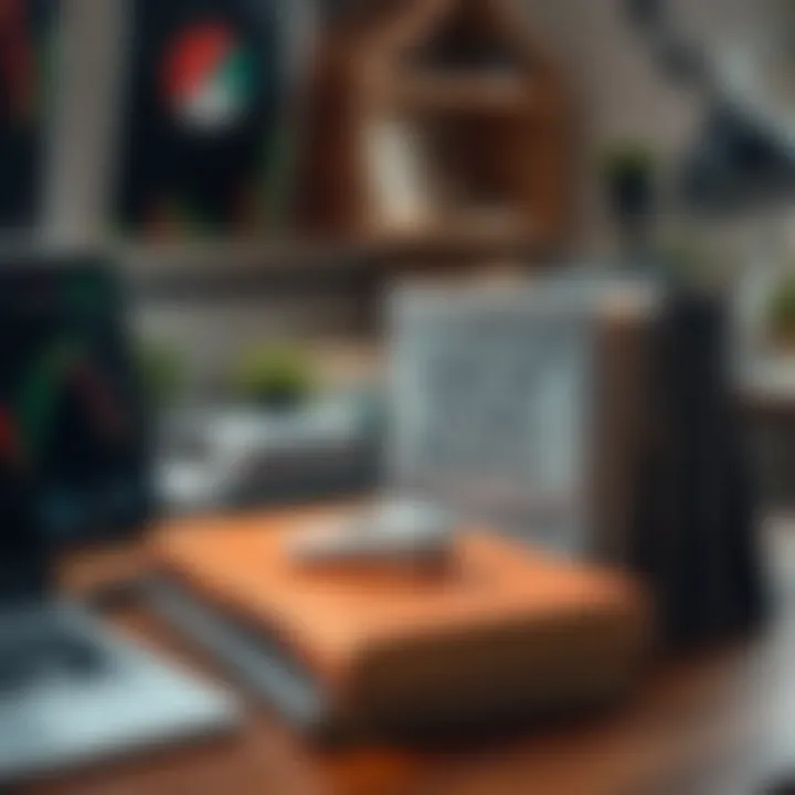 Desk setup with books on risk management and trader psychology alongside a laptop