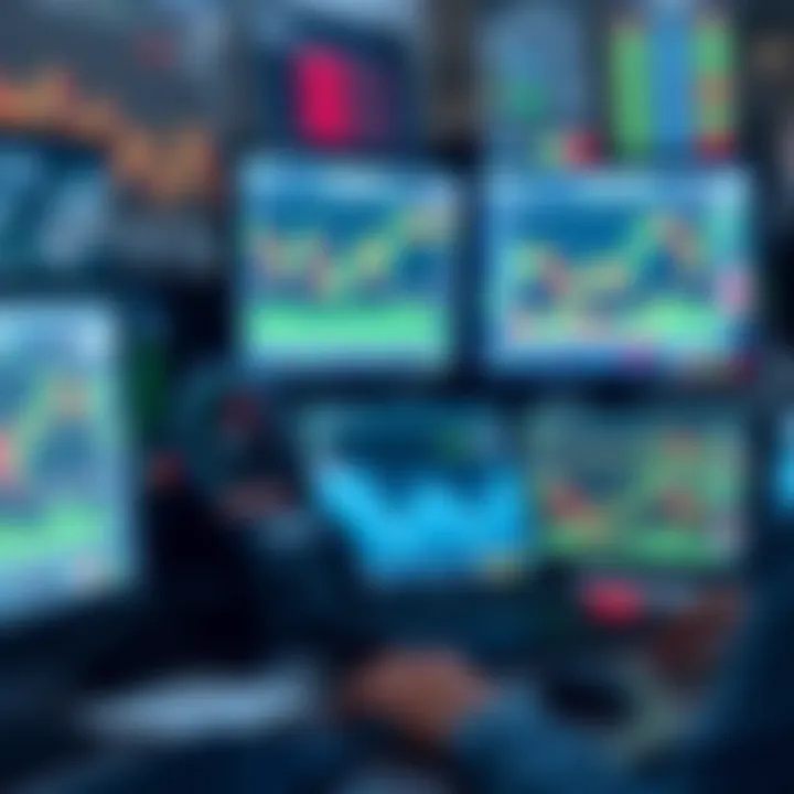 Collection of trading tools including charts, risk management software, and market indicators on computer screens