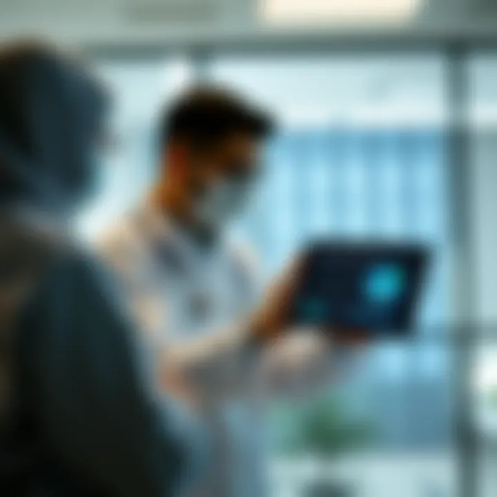 Healthcare professionals reviewing risk management strategies on digital tablet