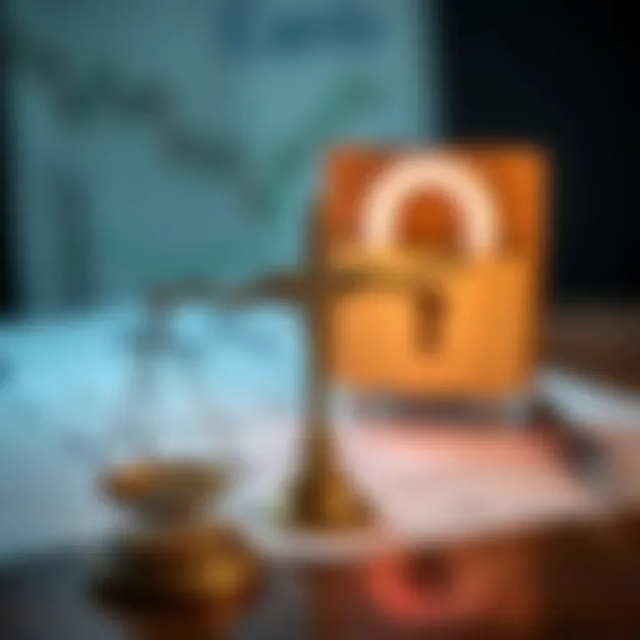 Legal Implications and Investor Protection in Binary Options Legal scales balancing justice with a backdrop of financial documents and a lock icon