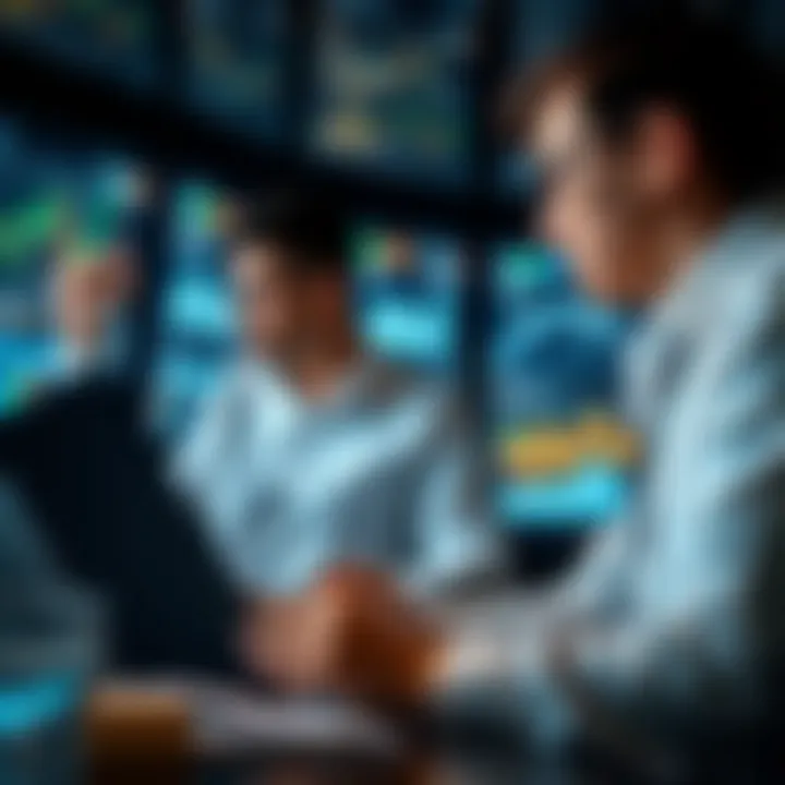 Business professionals analyzing charts and data on digital screens