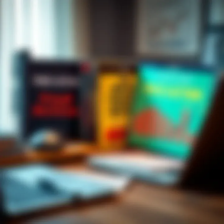 Collection of financial trading books with notes and a laptop on a desk