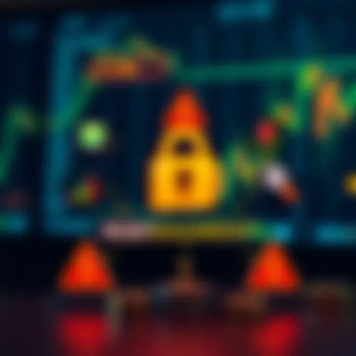 Visual representation of risk management strategies in financial trading with secure investment icons and alert symbols