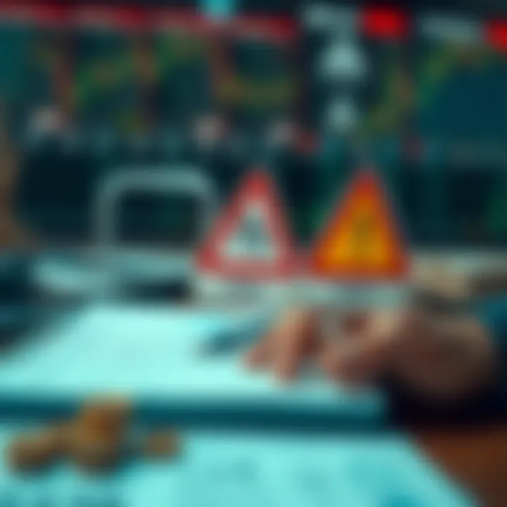 Visual representation of risks and strategies in binary options with warning signs and strategic planning elements