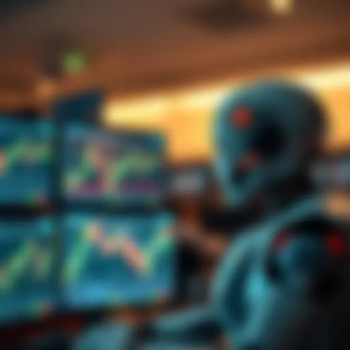 Illustration showing a digital robot analyzing binary options trading charts on multiple screens