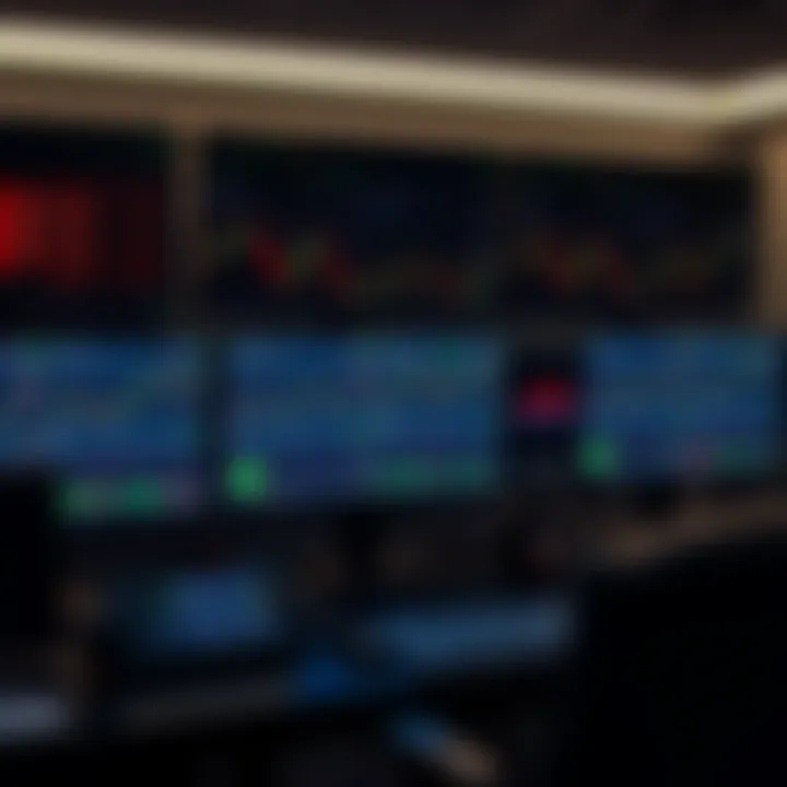 Trading workstation featuring multiple monitors with market data and analysis tools