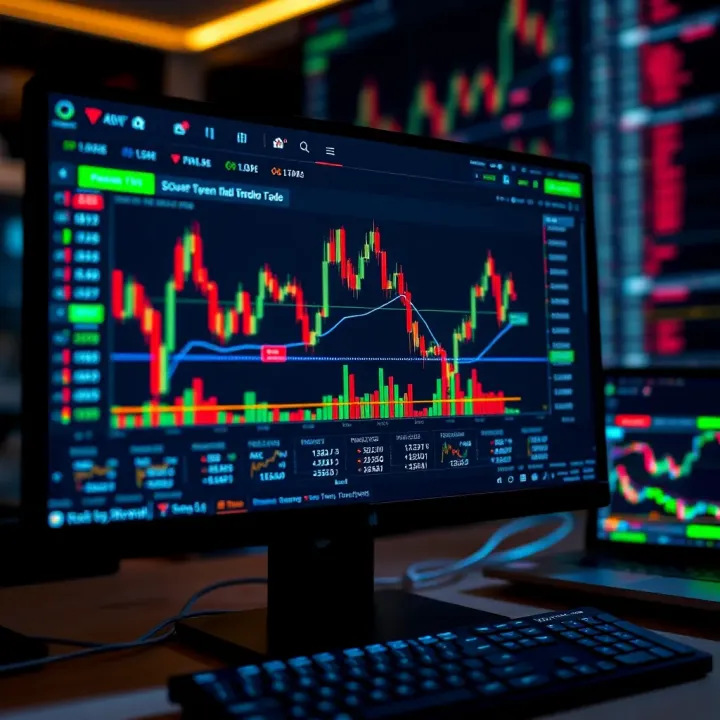 Modern computer screen displaying financial trading platform with charts and graphs
