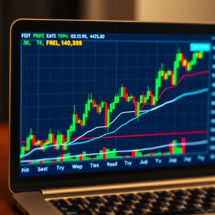 Illustration of a digital stock market chart with candlestick patterns indicating price fluctuations
