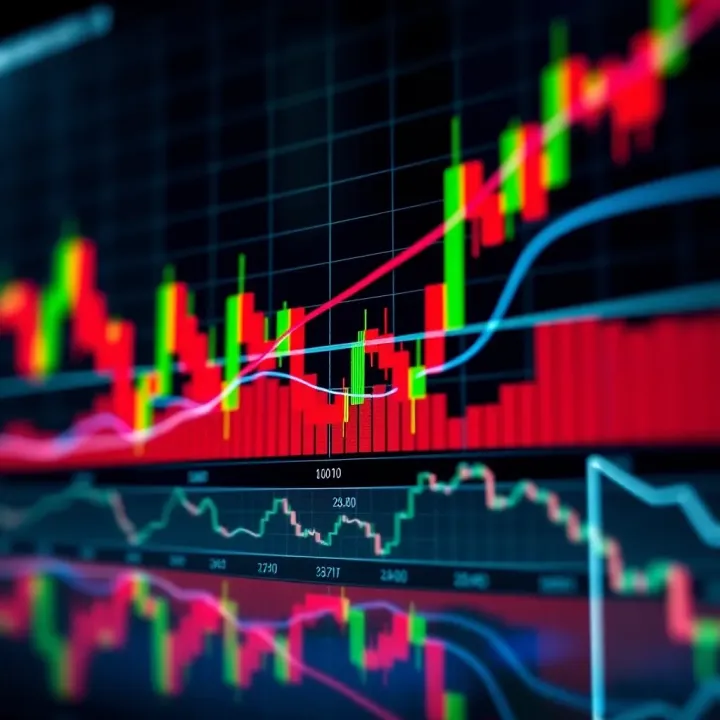 Graph showing upward trends and daily trading candlestick patterns