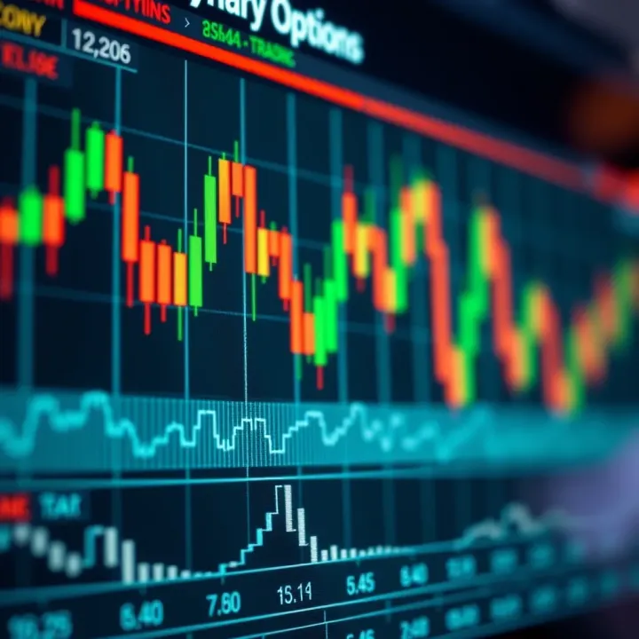 Chart showing binary options trading with candlestick patterns and upward and downward arrows