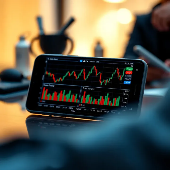 Mobile device showing graphs and analytics for financial market trading