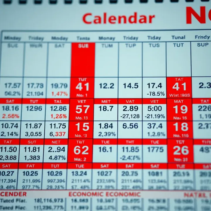Comprehensive Economic Calendar Featuring Key Market Indicators Calendar with economic data highlighted representing key financial indicators