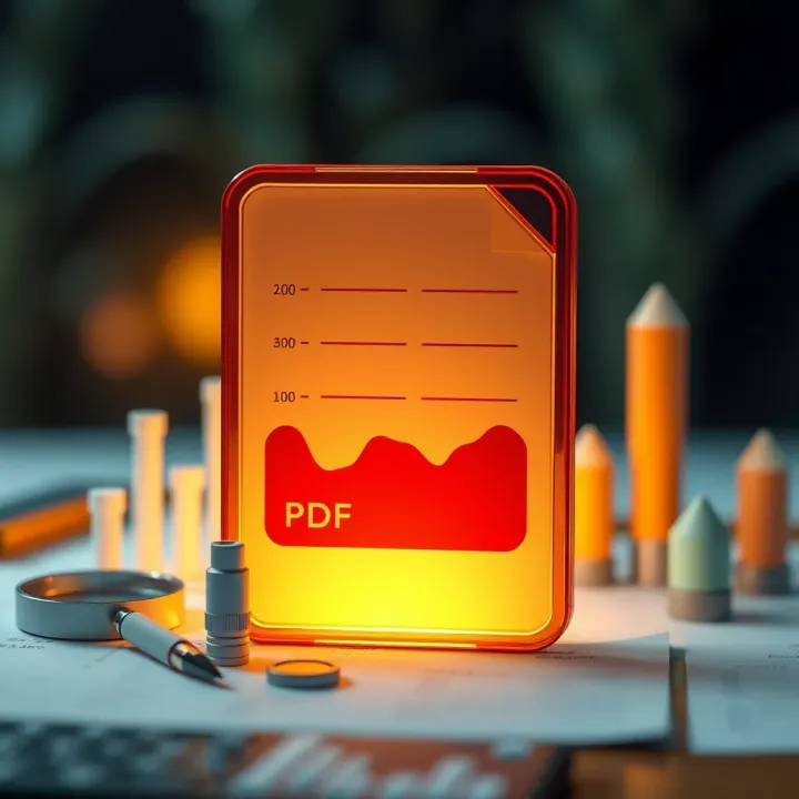 PDF document icon with analytical tools and market research elements