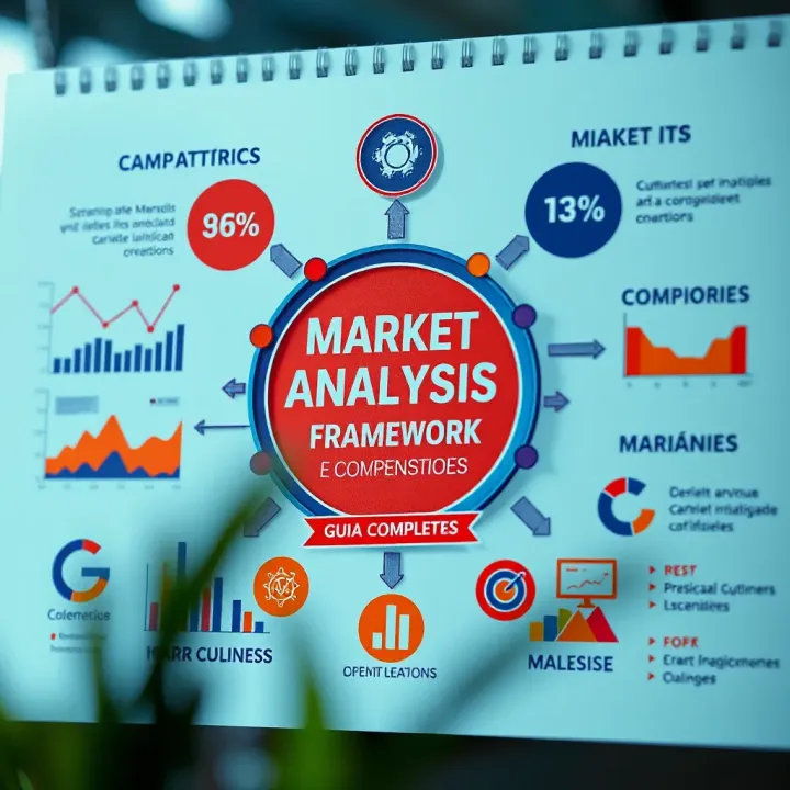 Graphic showing various market analysis concepts including charts, graphs, and competitive landscape elements