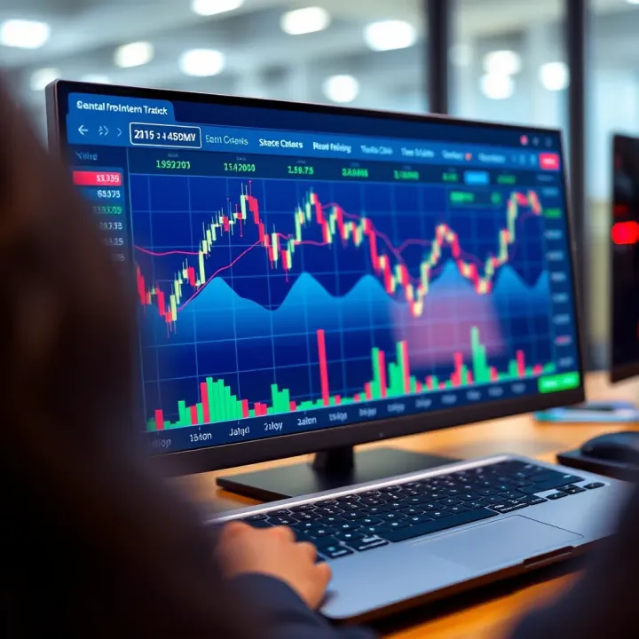Illustration of a digital stock trading platform interface showing virtual trading charts and simulated portfolio performance