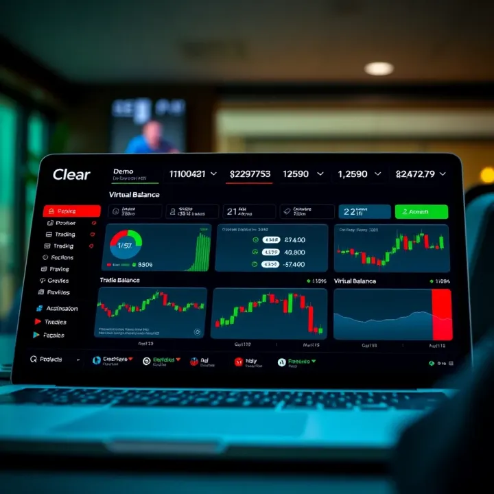 Clear platform interface showcasing demo account dashboard with trading options and virtual balance