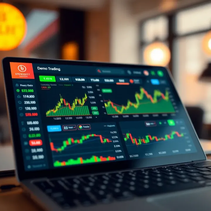 Interface of a demo trading account showing various investment options and financial data charts