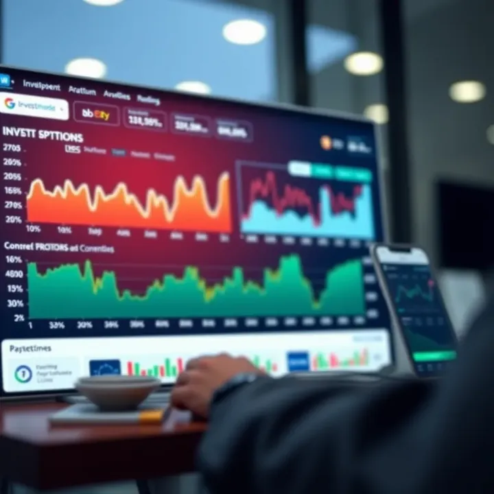 Dashboard of an investment platform showing demo account simulation with charts and trade options