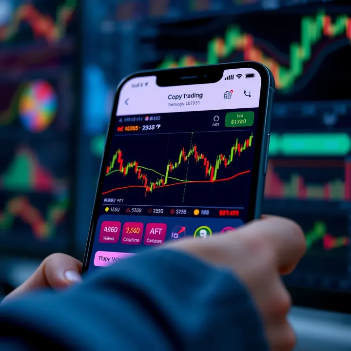 Mobile application interface demonstrating copy trading features with charts and trade signals