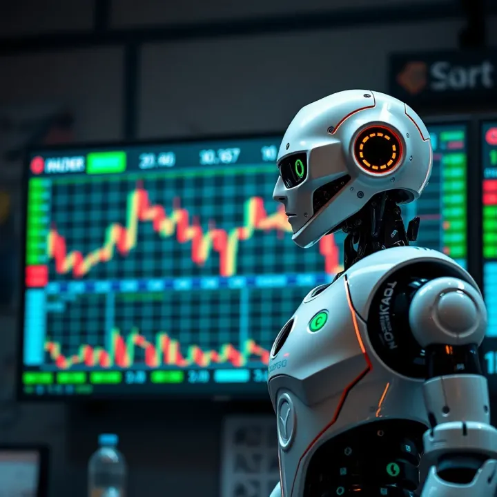 Automated Binary Options Trading Robot with Real-Time Data Illustration of a trading robot displaying binary options charts and data on a digital screen
