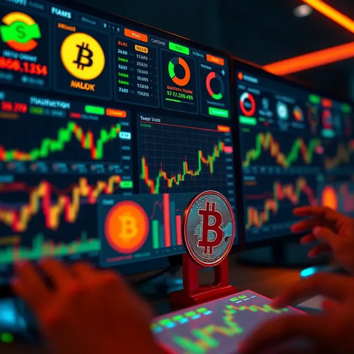 Interface showing multiple cryptocurrency trading platforms with analytics and charts