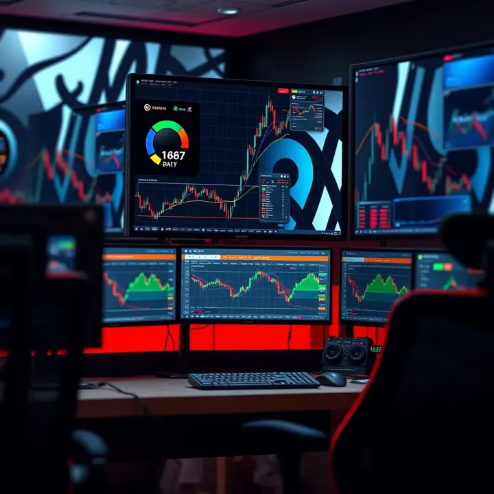 Customized trading workspace featuring multiple monitors with personalized wallpapers enhancing focus
