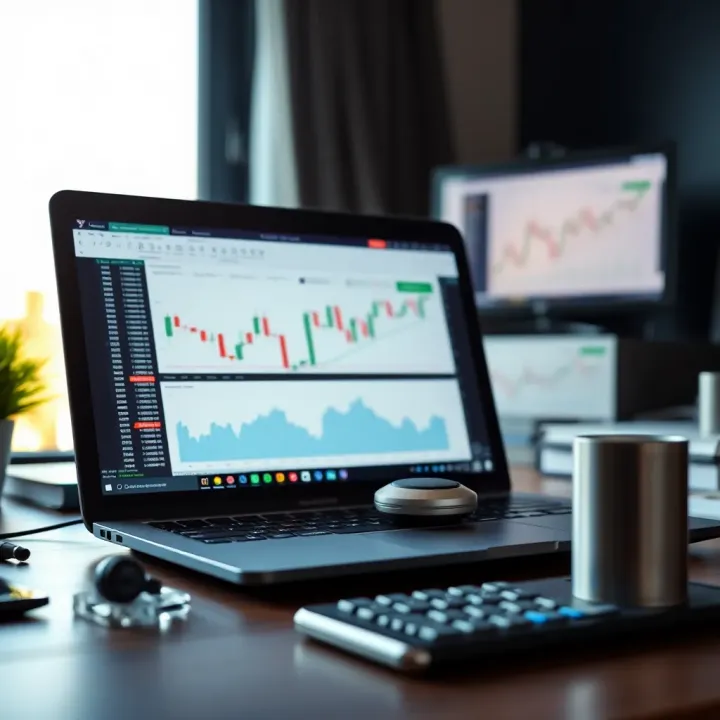 Set of financial tools including laptop with trading platform and analytic graphs on screen