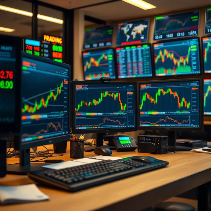 Trading workstation setup with multiple monitors displaying financial charts and data