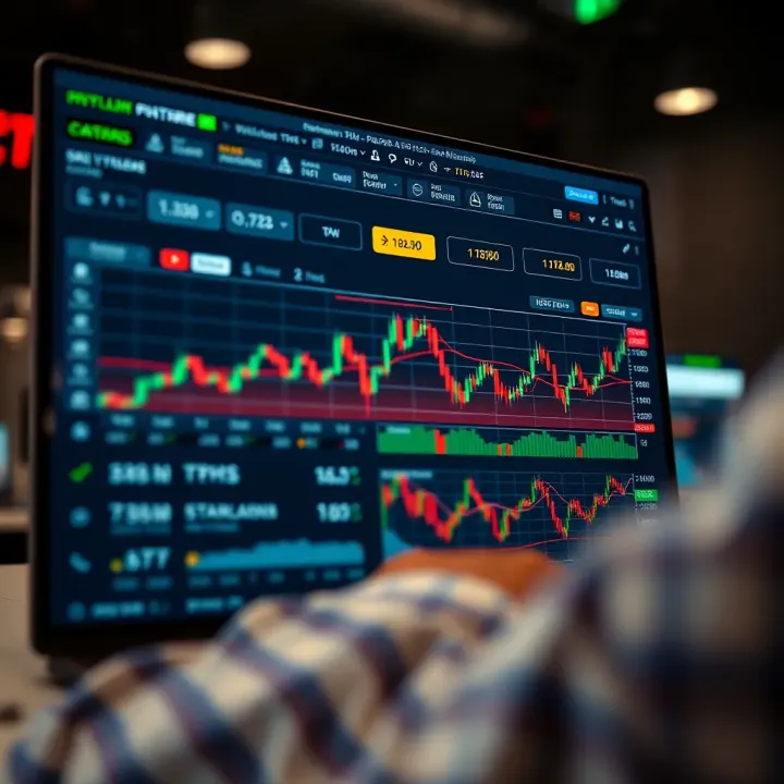 Virtual trading platform interface showing charts and simulated investment portfolio