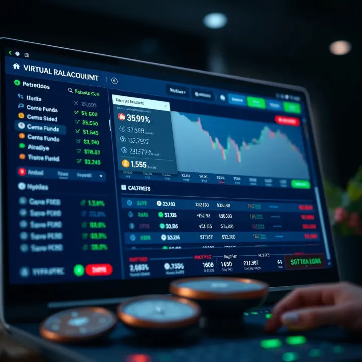 Illustration showing a demo trading account interface with virtual funds and trading options