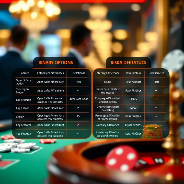 Comparison chart showing key features of binary options and casino games highlighting operational differences and risk factors