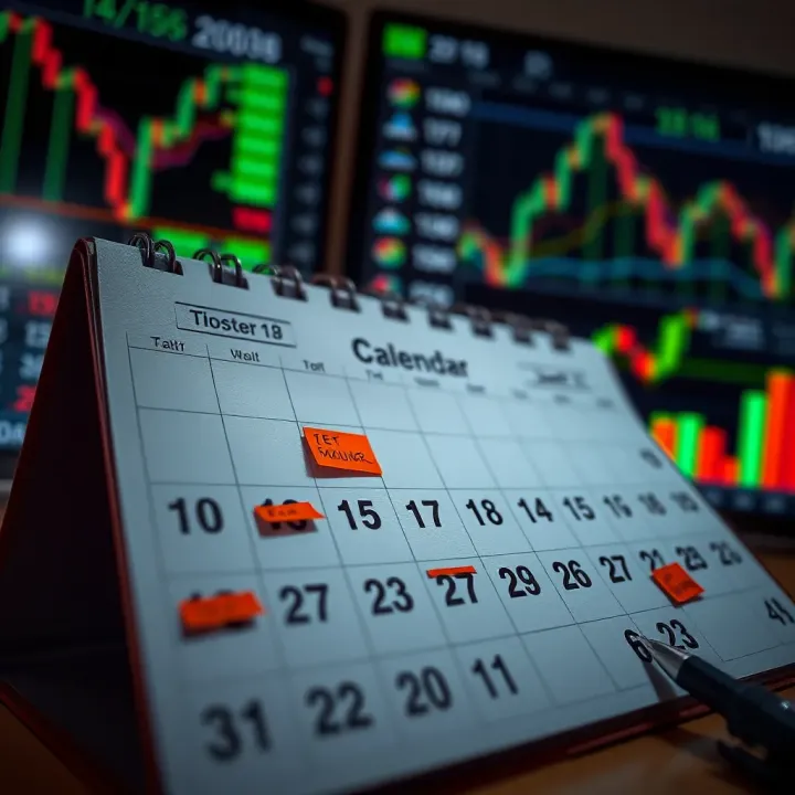 Calendar with marked economic events and financial charts in the background