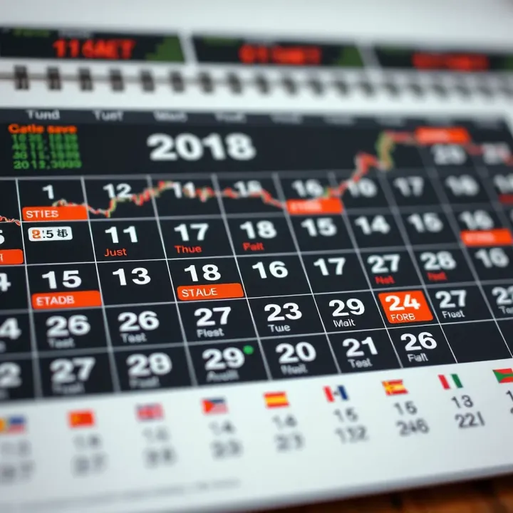Economic calendar with financial market icons and dates marked