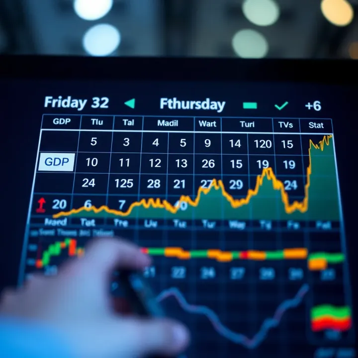 Illustration of various economic indicators such as GDP, inflation, and employment data displayed on a digital calendar interface