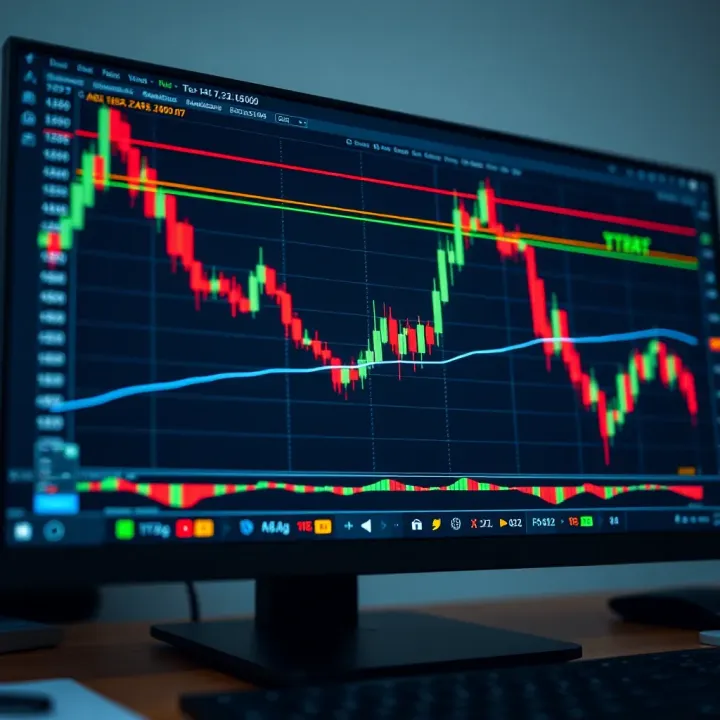Graph showing candlestick patterns and trading indicators on a computer screen