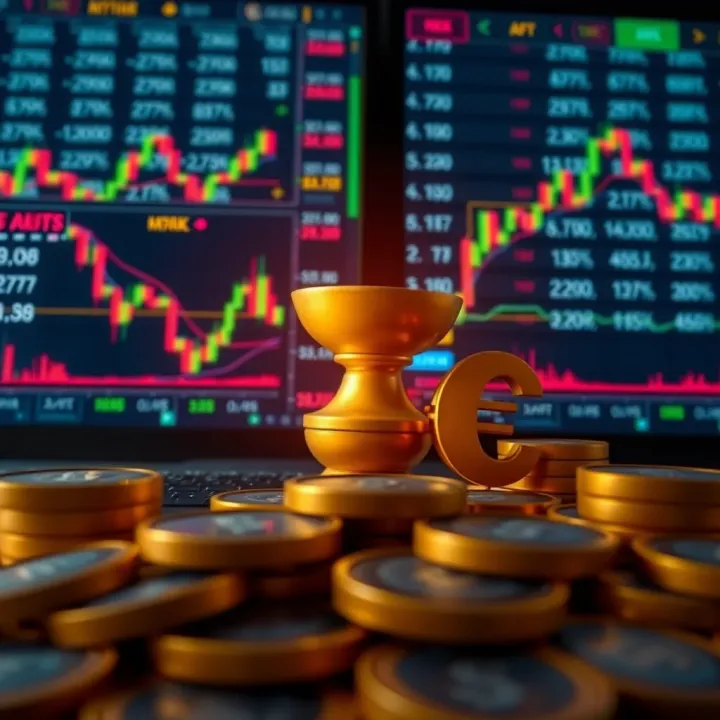 Risks and Rewards in Binary Options Trading Conceptual representation of financial risk and rewards in binary options with charts and currency symbols